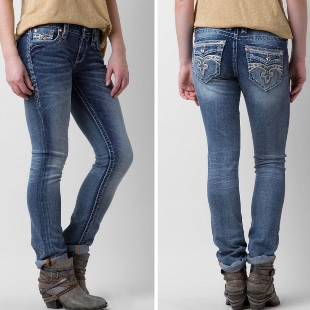 Rock Revival Peri Easy Straight Jeans Embellished Faux Flap Pockets Size 33